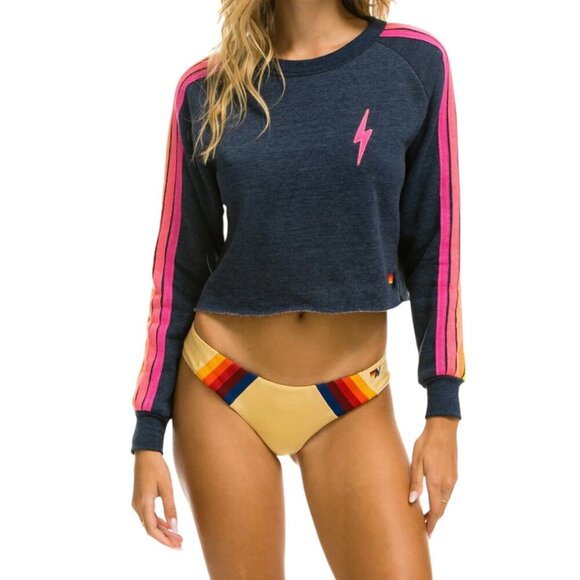 Aviator Nation Bolt Embroidery Cropped Sweatshirt Heather Navy Neon Stripes S - Picture 2 of 11
